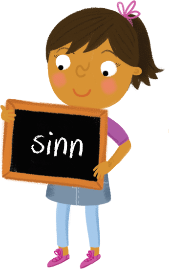 Illustration: Schoolgirl holding chalkboard with 'sinn' on it