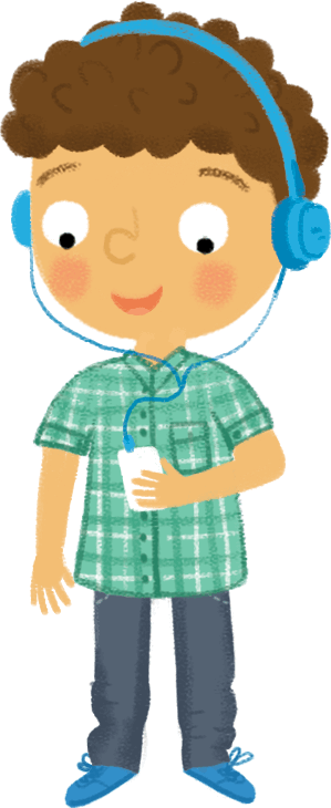 Illustration: boy with headphones and mediaplayer