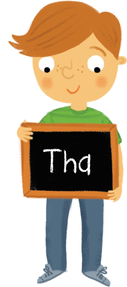 Illustration: Boy holding chalkboard with word 'Tha'