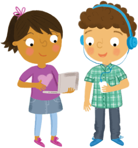 Two children with laptop and MP3 player