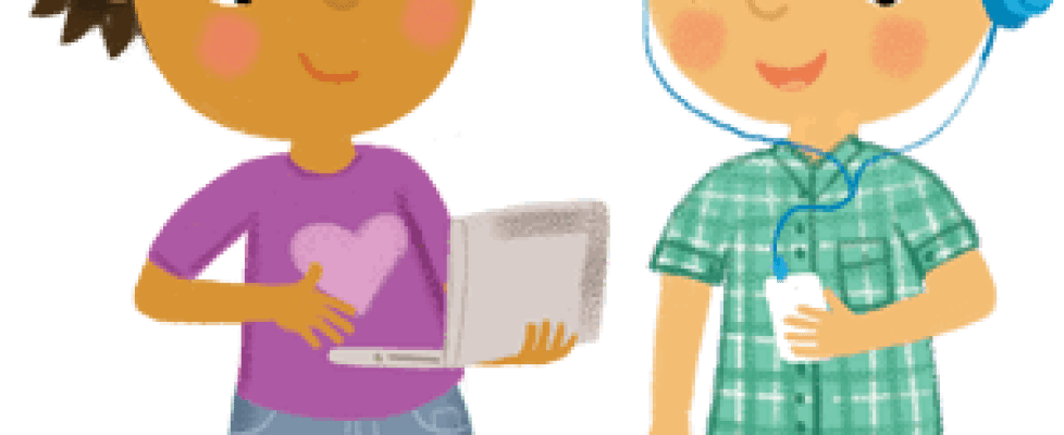 Two children with laptop and MP3 player