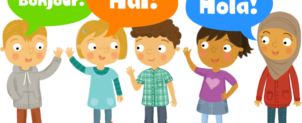 Group of children greeting each other in different langauges