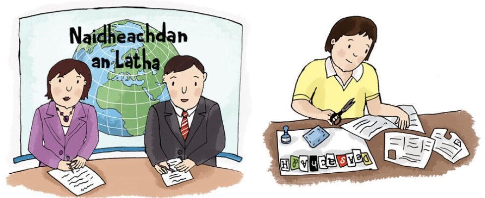 Illustration: Gaelic News Readers and woman creating collage