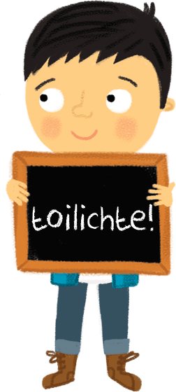 Boy holding blackboard with text Toilichte (Happy)