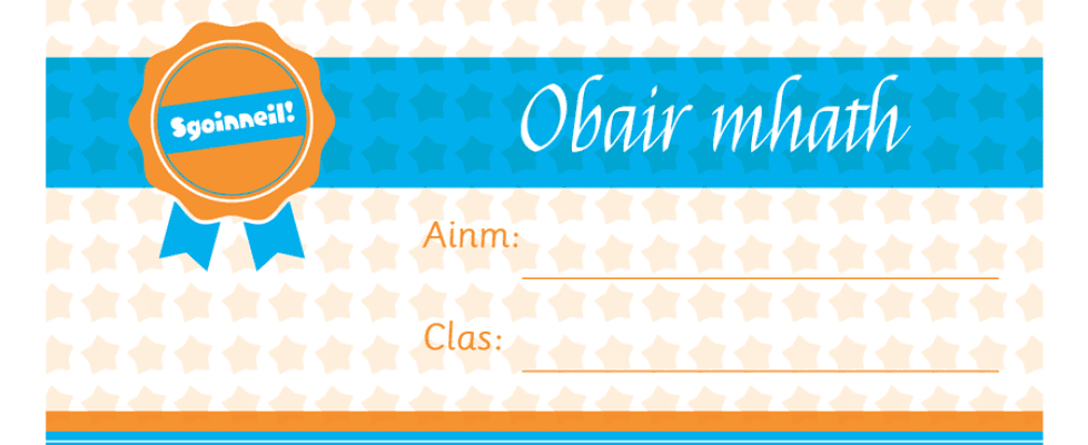 Image: Certificate with 'Obair Mhath' text